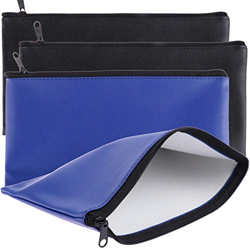 Tongnian Bank Bag Money Pouch Leatherette Security Deposit Bags Utility Zipper Bags for Cash Money,Check Wallet,Cosmetics,Tools, 11x6 inch 4 Pack (Black + Blue)