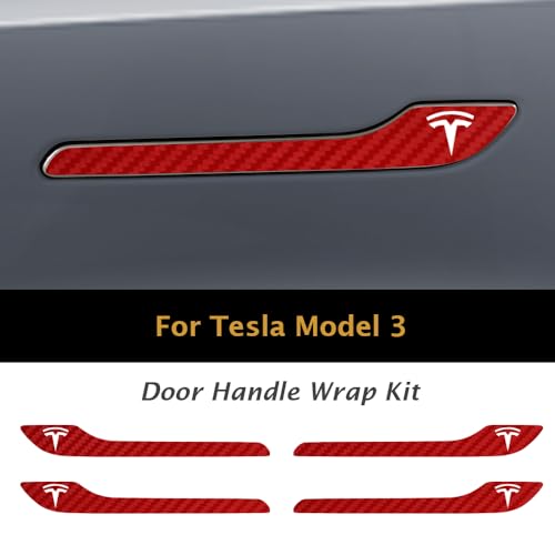Image of IPG Compatible for Model 3 / Model Y Door Handle Decal Sticker Wrap Kit (Set of 4) with Tesla Logo Personalize Your Tesla (Red Carbon Fiber)