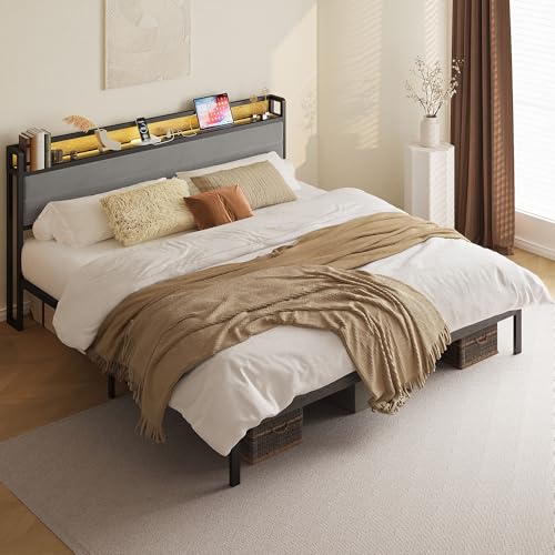 Image of LIKIMIO King Size Bed Frame, Storage Headboard with LED Lights and Charging Station, Metal Platform Bed No Box Spring Needed, Noise Free, Under Bed Storage, Charcoal Gray