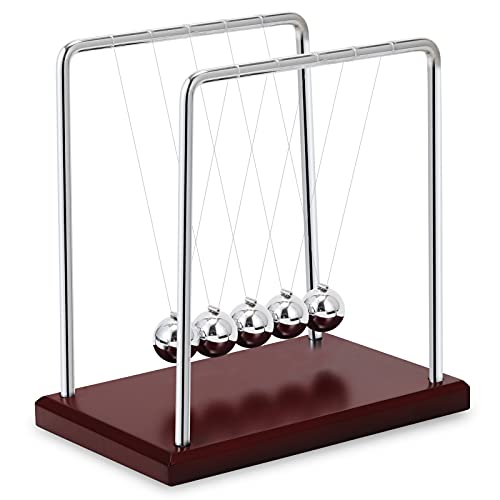 Large Newtons Cradle Pendulum Desk Decor Balance Balls, Desk Toys Office Decorations with Black Wooden Base Desk Decorations, Fun Science Physics Learning Toys, Office Gadgets-Large Red Wooden