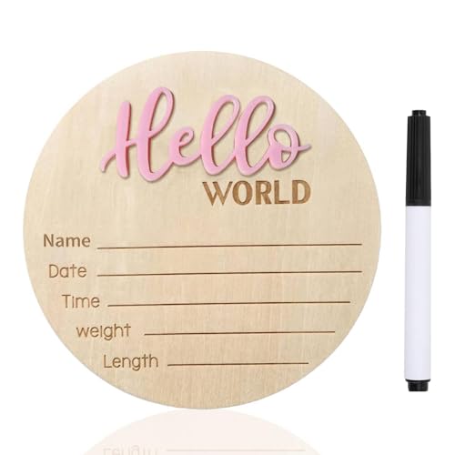 Image of Baby Announcement Sign, 5.9 Inch Wooden Hello World Newborn Signs, Birth Announcement Sign, Baby Shower Hospital Nursery for Newborn Boys and Girls (Pink,Pen)