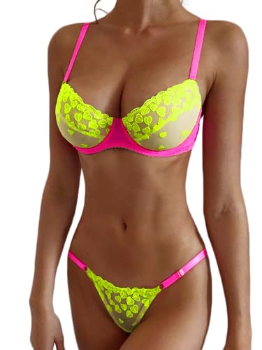 Kaei&Shi Sexy Bra And Panty Sets,Glow In The Dark Black Light Heart Embroidered Lace Lingerie For Women,Underwire G String Sheer Matching Two Piece Sexy Lingerie Set Boudoir Neon Green Large