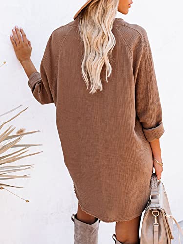 Paintcolors Women's Long Sleeve Cotton Button Down Tunic Dresses Beach Cover-Ups Oversized Blouse Tops With Pockets-Camel S #TOP1
