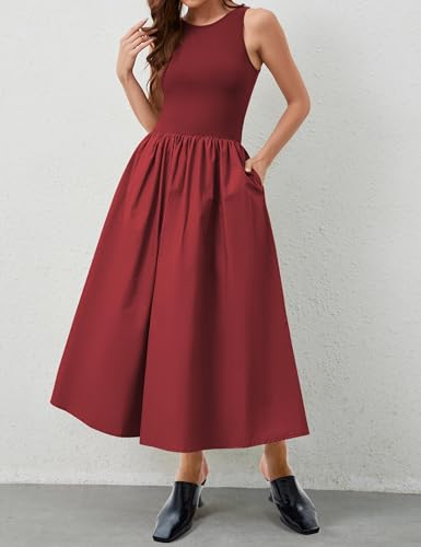 Image of MISSACTIVER Crewneck Sleeveless Maxi Dress for Women Summer Flowy Patchwork Tank Top Long Dresses with Pockets Red, X-Large