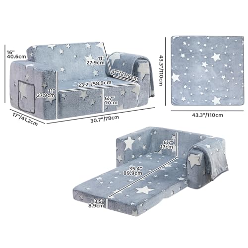 BEJOY BEJOYKindersofa, extra breite 2-in-1-Kleinkind-Sherpa-Couch zum Ausklappen, umwandelbar in EIN Krabbelbett oder eine Liege für Mädchen und Jungen, leuchtender Stern