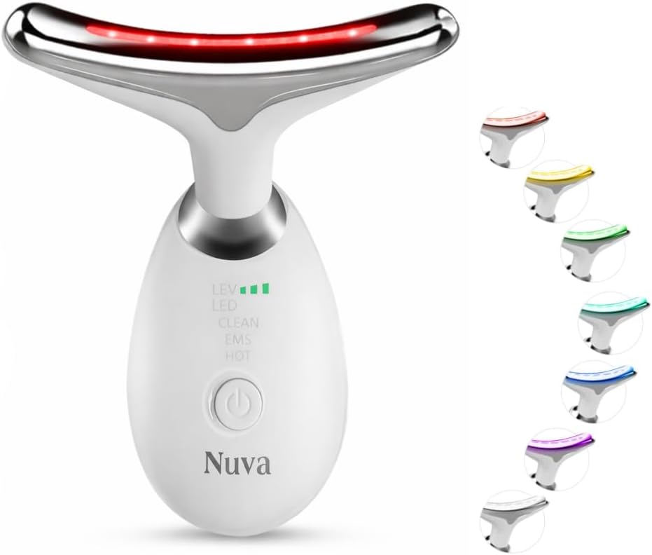Nuva 7-in-1 Face Massager – EMS Facial & Neck Lifting Device with LED Light Therapy and 45°C Heated Gua Sha for Skin Tightening & Anti-Aging