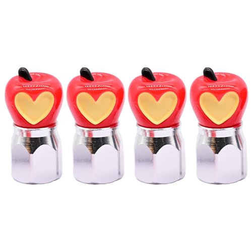 4-Pack Handmade Red Apple Valve Stem Caps with Heart Design for Schrader Valves, Unique Car & Bike Accessory, Fun Tire Decor, Colorful Novelty Gift for Car Enthusiasts