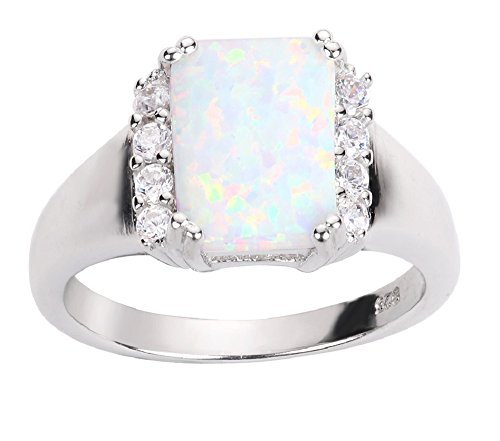 CloseoutWarehouse Rectangle Simulated Opal and Cubic Zirconia Ring Sterling Silver (Color Options, Sizes 4-15)2