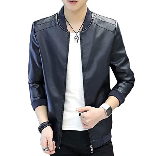 Hombres Chaqueta De PU Cuero Slim Fit Manga Larga Casual Chaquetas Azul 3XL