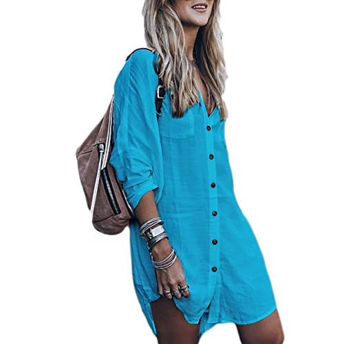 Bsubseach Womens Long Sleeve Linen Swimsuit Cover Up Button Down Beach Cover Ups Summer Swim Shirt Dresses Bright Blue One Size