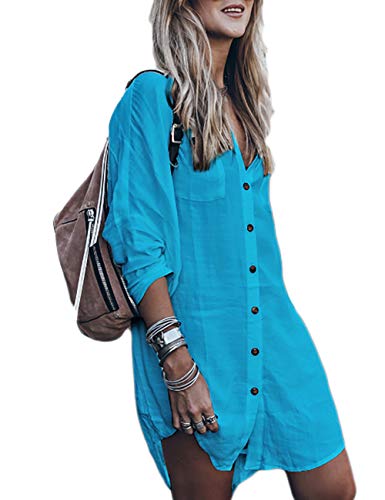 Bsubseach Blue Long Sleeve Bathing Suit Cover Up for Women Loose Button Down Swimwear Beach Shirt Tunic Dress