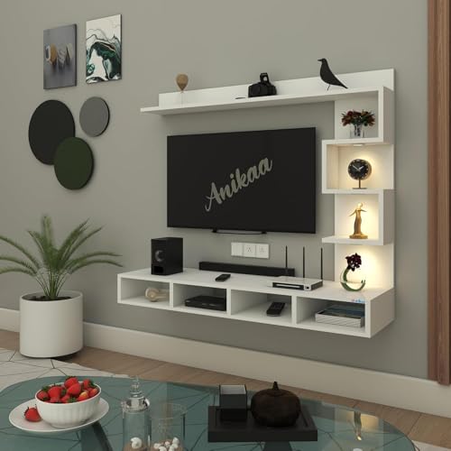 Image of Anikaa Kasey Engineered Wood TV Unit LED Light TV Cabinet Wall TV Stand for Living Room Home - (White) (Ideal for 55 Inch)(D.I.Y)