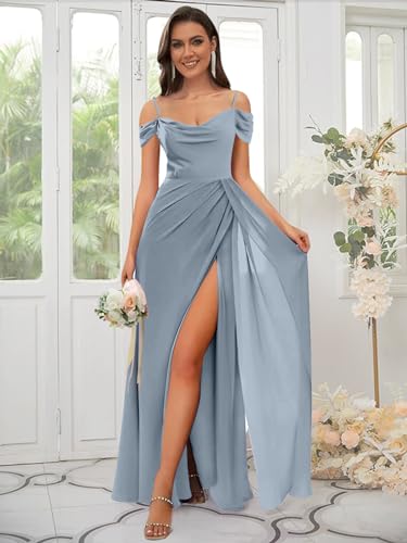 Image of POMUYOO Sage Green Off The Shoulder Bridesmaid Dresses with Slit Long A Line Beach Wedding Guest Party Dress Size 12