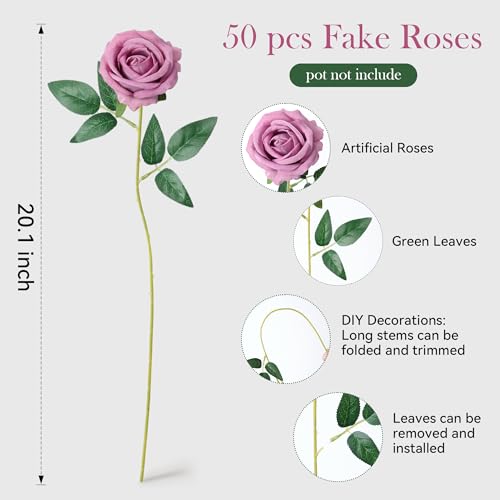 Image of 50 PCS Roses Artificial Flowers, Realistic Fake Roses with Long Stems Silk Flowers for DIY Wedding Bouquet Party Celebration Home Bridal Baby Shower Decoration Birthday Gift for Her Wife, Dusty Rose