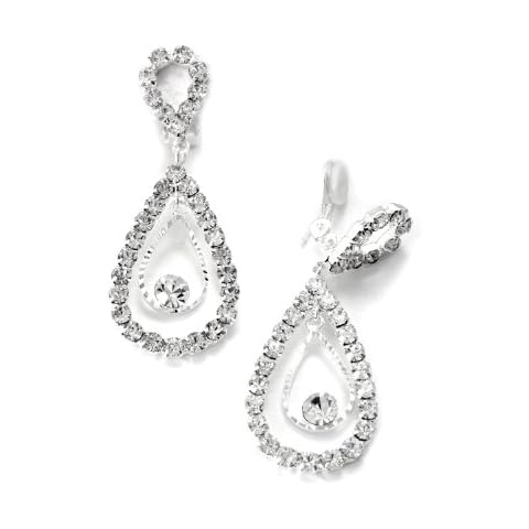 Silver Crystal Rhinestone Two Layer Teardrop Pear Dangle Clip Earrings Cover
