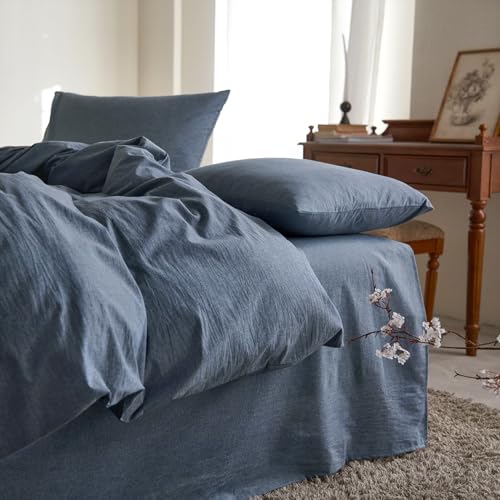 Wake In Cloud – Cotton Duvet Cover Set, Queen Size, Chambray Denim Blue, 100% Washed Cotton, Linen Like Textured, Breathable Percale Durable Comfy Farmhouse Neutral Bedding Set, 3 Pieces