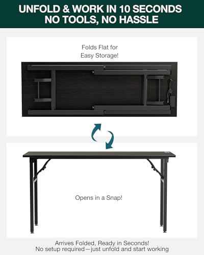 Image of Small Folding Computer Desk - 55.1 Inch Portable Table for Craft and Study, Lightweight Desk for Small Spaces, Foldable Laptop Table Built-in AC /USB Outlets for Convenience, Dark Oak