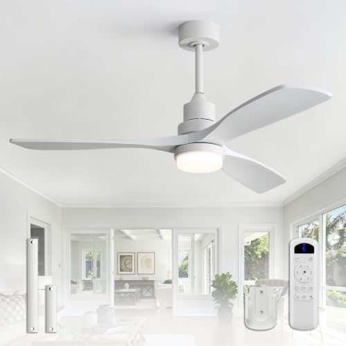 Image of Sofucor 52 Inch Wood Ceiling Fans with Lights and Remote, Modern, White | 3 Blade, Quiet Reversible DC Motor, 3CCT Dimmable, 6 Speed, Timer, Indoor /Covered Outdoor /Bedroom /Living Room /Patio /Kitchen
