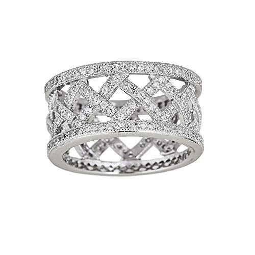 Sterling Silver Cubic Zirconia Pave Basketweave Eternity Band Fashion Ring