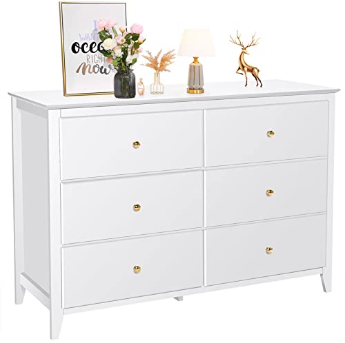 Sejov 6 Drawer Double Dresser Tv Stand, White Dresser For Bedroom, Wooden Dreeser With Gold Metal Handles, Wide Storage Space, Accent Storage Cabinet For Living Room, Bedroom, Kids Room,Hallway, White #TOP6