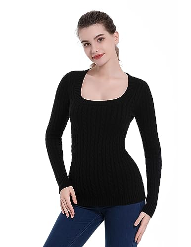 AmélieBoutik Women Scoop Neck Cable Knit Long Sleeve Sweater Top