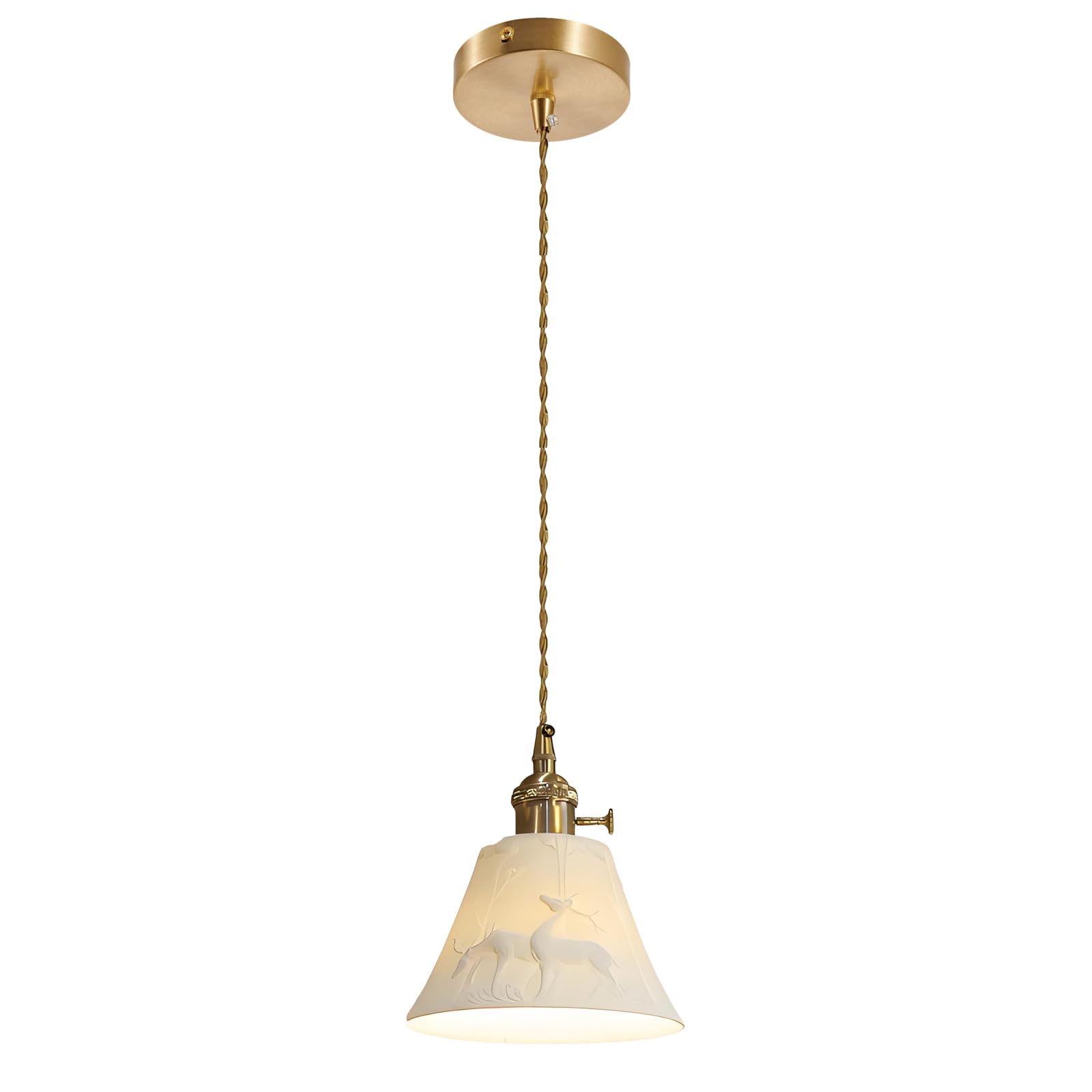 YNVIOZM 5.9" Ceramic Pendant Light Nordic Mid Century Modern Hanging Lamp White Ceramic Shade Brass Finish Hanging Ceiling Lighting Fixture for Bedside Dining Room Kitchen Island