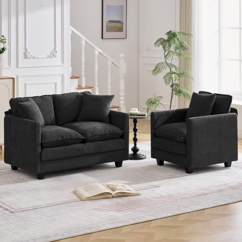 Image of Cloud 2 Pieces Sofa Set, 1+2 Seater Couch, Modern Sofas Sets with Deep Seat, Modular Sectional Couches Sets for Living Room, Bedroom, Small Apartment, Black