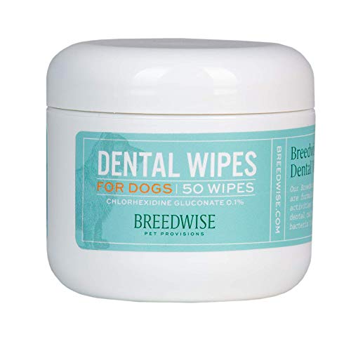 Breedwise Eliminador de dientes y encías con sabor a menta, sarro y placa, sin cepillo dos veces al día, 50 unidades toallitas dentales para perros
