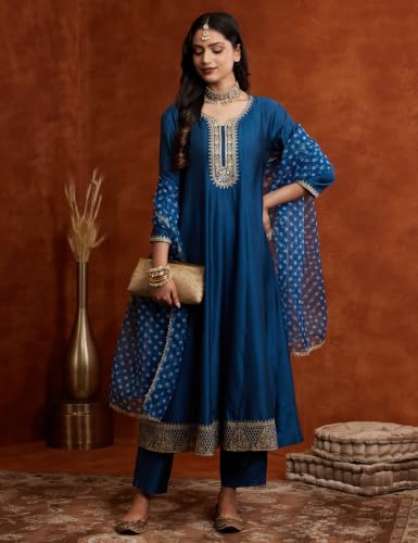 Image of Amazon Brand - Myx Women's Embroidered Anarkali Kurta Pant Set with Organza Dupatta | A-line fit (Available in Plus Sizes)