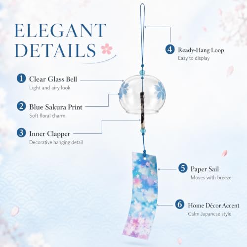 Image of Artibetter Japanese Glass Wind Chime Hanging Bell with Cherry Blossom Design | Handmade Furin Wind Bell for Home, Balcony, Garden, Patio, Window & Gift Decor (Blue)