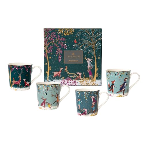 Sara Miller London Woodland Tales Set of 4 Mugs, Assorted, White with Golden Details