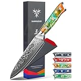 SANMUZUO 5インチ キッチンユーティリティナイフ - Xuan シリーズ キッチンナイフ - VG10 ダマスカス鋼、樹脂ハンドル付き (ファンタジーオレンジ)
