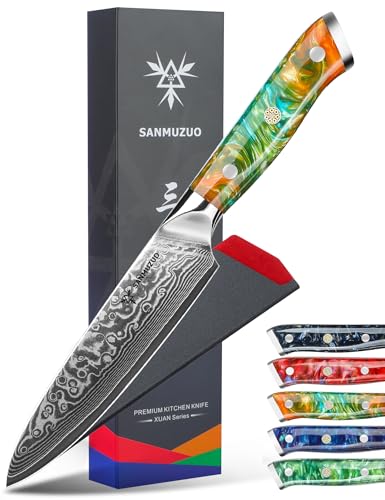 SANMUZUO Cuchillo Universal de Damasco, Cuchillo Cocina 13CM Profesional para Cortar Verdura, Fruta, Carne - serie Xuan - Acero de Damasco con Mango de Resina(Naranja de Fantasía)
