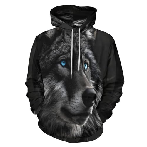 Sweat loup noir imprimé 3D avec capuche et poche pour un confort optimal