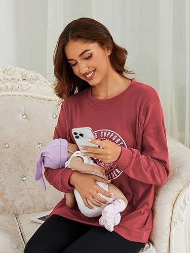 Love2Mi Damen Langarm Stillshirt lässig Unsichtbarer Reißverschluss Sweatshirt zum Stillen Umstandsmode Mit Tasche