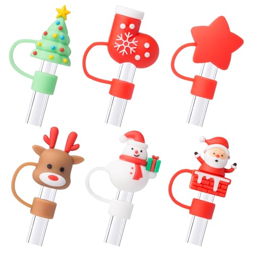 6Pcs Christmas Red Straw Cover Cap for Stanley Cup 40oz/30oz Tumbler, 10mm Reusable Cute Drinking Straw Topper Accessories, Portable Protector Plugs Decorations Gifts for Party Christmas