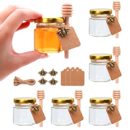 Woaiwo-q Hexagon Mini Glass Honey Jars, 1.5 oz 30 Pack Hexagon Glass Jars with Lids(Golden),Wooden Honey Sticks,Bronze Bee Pendants,Small Tags, Jute Twine for Honey, Wedding Favors,Jams……