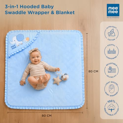 Image of Mee Mee 3-in-1 Baby Wrapper & Carry Nest for Newborns | Soft Breathable Cotton Swaddle with Hood and Cushion | Adjustable Tie-Up Design | Lightweight, Cozy & Easy to Carry (0-6 Months) (Blue)