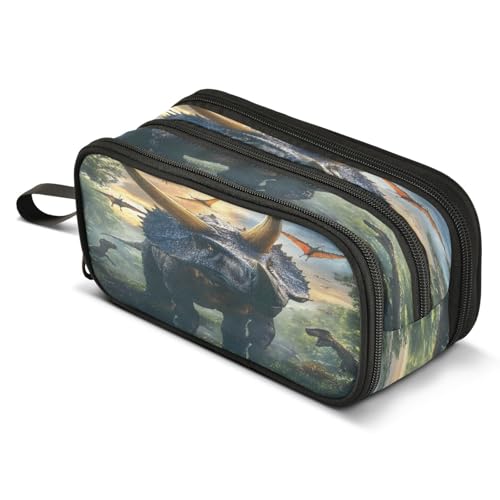 Image of ALAZA Triceratops Dinosaur Pencil Case for Boys Girls Kids Pencil Pouch 3 Compartment Pen Bag Large Capacity Storage Pencil Holder School Students with Zipper