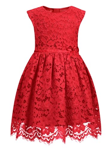 ALLOVIN Girls & Toddlers Sleeveless A-Line Lace Party Dress Birthday Wedding & Flower Girl Dress with Beaded Bowknot | Red | 2T