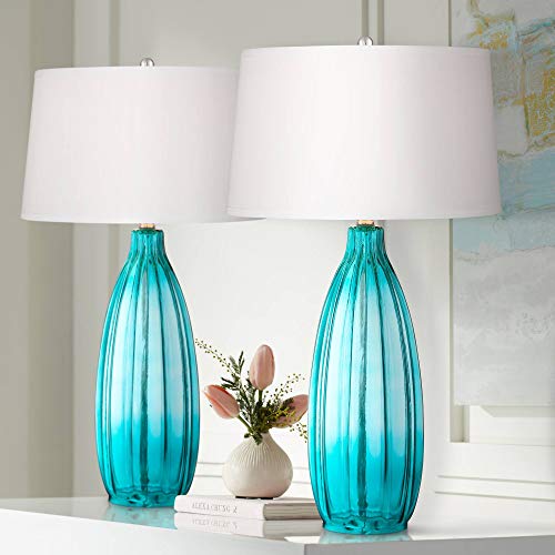 Lámparas de Mesa de Cristal Azul Fluted Set x2 30" Altura miniatura 2