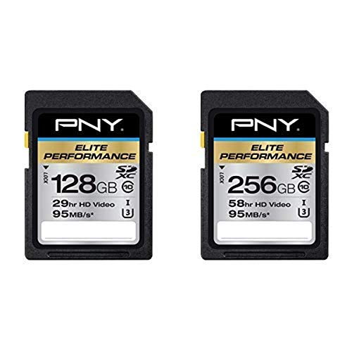 PNY P-SDX128U395-GE Elite Performance 128 GB High Speed SDXC Class 10 UHS-I, Flash Card and Elite Performance 256 GB High Speed SDXC Class 10 UHS-I, U3 up to 95 MB/Sec Flash Card