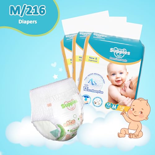 Image of Amazon Brand - Supples Premium Baby Diaper Pants | 216 Baby Diapers | Medium | 7-12 Kg | 72 x 12 Packs | 12 Hrs Absorption | Cushiony Cotton Soft Fabric | Phthalates-Free | Triple Leak Guard