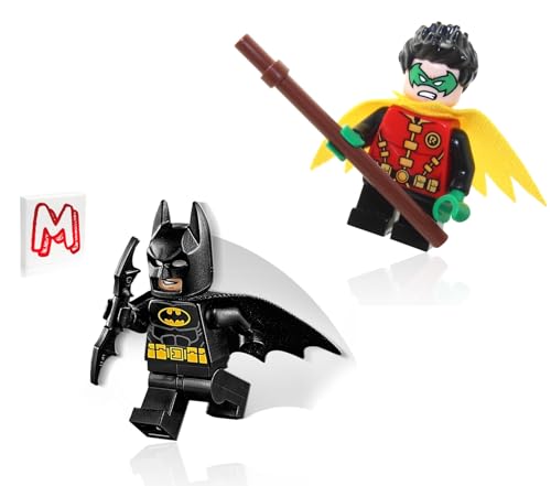 LEGO Super Heroes DC Batman Minifigure Combo - Batman (in Black Suit with Batcape and Bat-a-rang) and Robin (Green Mask and Yellow Cape) with Staff and Minifigureland Tile