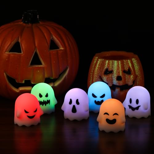Image of Eldnacele Ghost Flickering Flameless Candles with Remote and Timer, Battery Operated Color Changing Lights Spooky Ambiance LED Tea Lights for Halloween Fireplace Indoor Decoration (6Pcs, 2 inch x 2.4 inch)