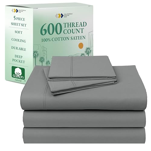 California Design Den Split King Sheet Set - 100% Cotton, 600 Thread Count, Breathable Luxury King Size Sheets for Adjustable Bed, Luxury Hotel-Quality Sheets with Soft Sateen Weave - Mist Grey
