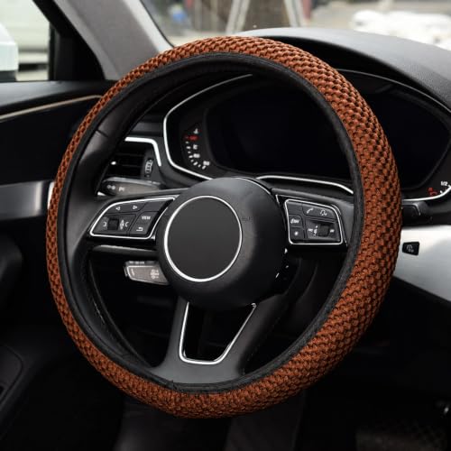 Image of KAFEEK Elastic Stretch Steering Wheel Cover, Universal 15 Inch, Brown