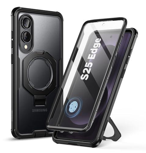 i-Blason for Samsung Galaxy S25 Edge Case MagSafe with Stand, [Built-in Screen Protector] [Military Protection] Full-Body Heavy Duty Matte Clear Anti-Fingerprint Magnetic Phone Case 6.7'', Black Clear