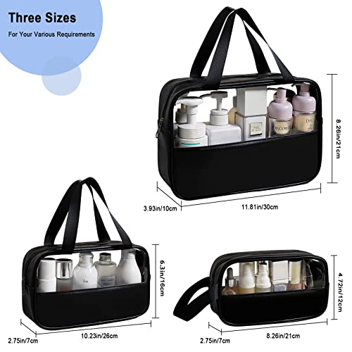 3 Pack/Size Waterproof Travel Toiletry Bag, Clear Cosmetic Makeup Bags PVC and Black PU Splicing, TSA Approved Carry on Pouch, Portable Travel Organizer for Vacation, Bathroom, Airplane3