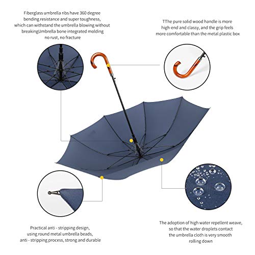 Time Lover Stick Umbrella Oversize Windproof Umbrella Wooden Hook Handle J Stick Automatic Open Fast Drying Umbrella For Men Women(Navy) #TOP2